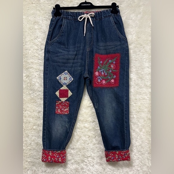 Embroidered Cropped Boho Harem Denim Jeans - Picture 1 of 9